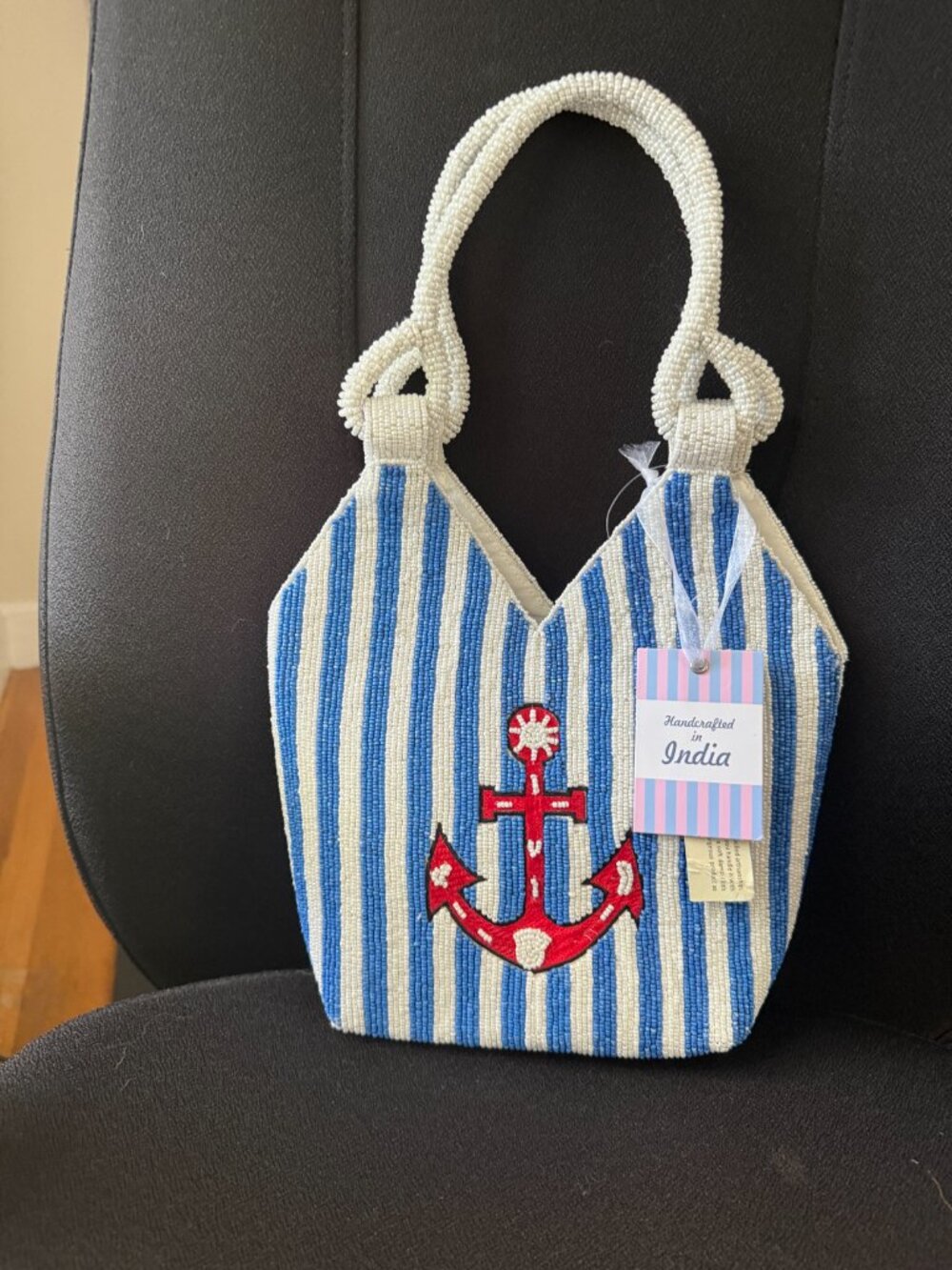 NWT Viral Marshalls Fully Beaded Nautical Anchor Mini Tote Bag – Blue & White